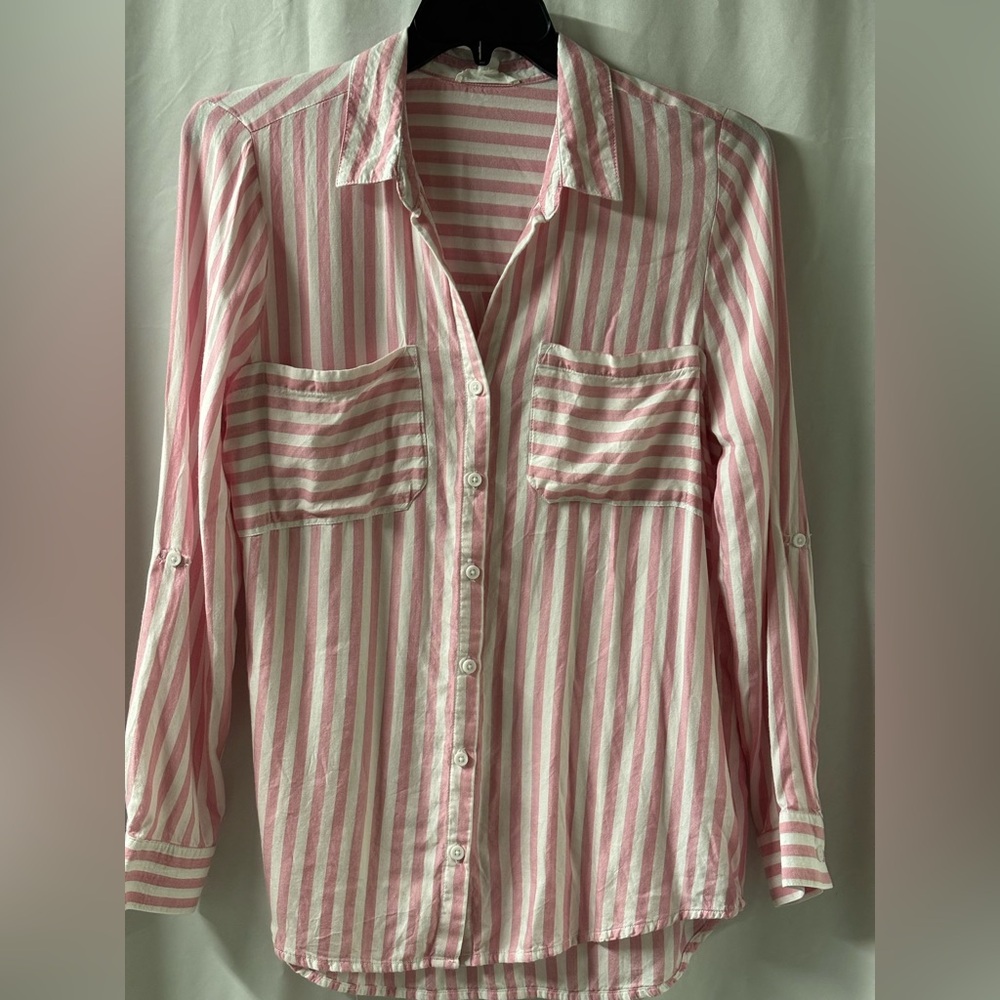 Beach Lunchlounge Collection Women’s L Pink and White‎ Striped Button-Up Shirt